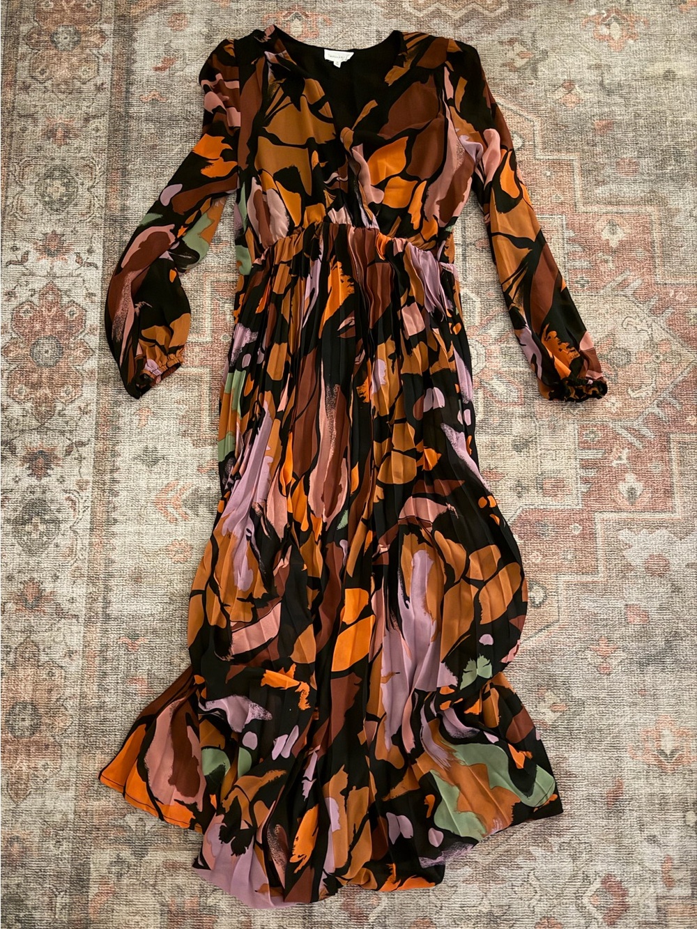 MELLODAY Black Maxi Dress with Rust, Pink & Olive Abstract Print